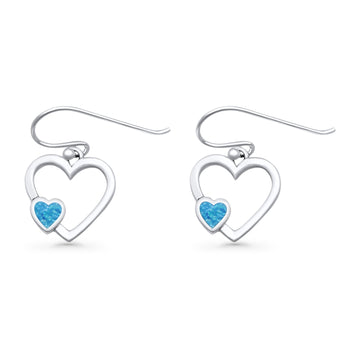 Heart Fishhook Earrings Lab Created Blue Opal Oxidized 925 Sterling Silver Wholesale